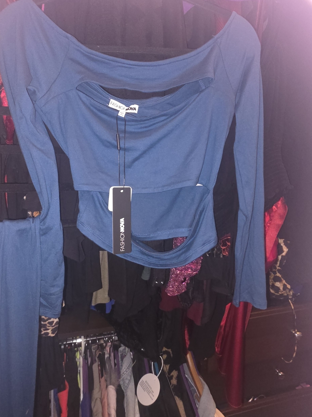 Fashion Nova Teal-Blue Long Sleeve Cutout Stretch Crop Top And Pants Set. Nwt